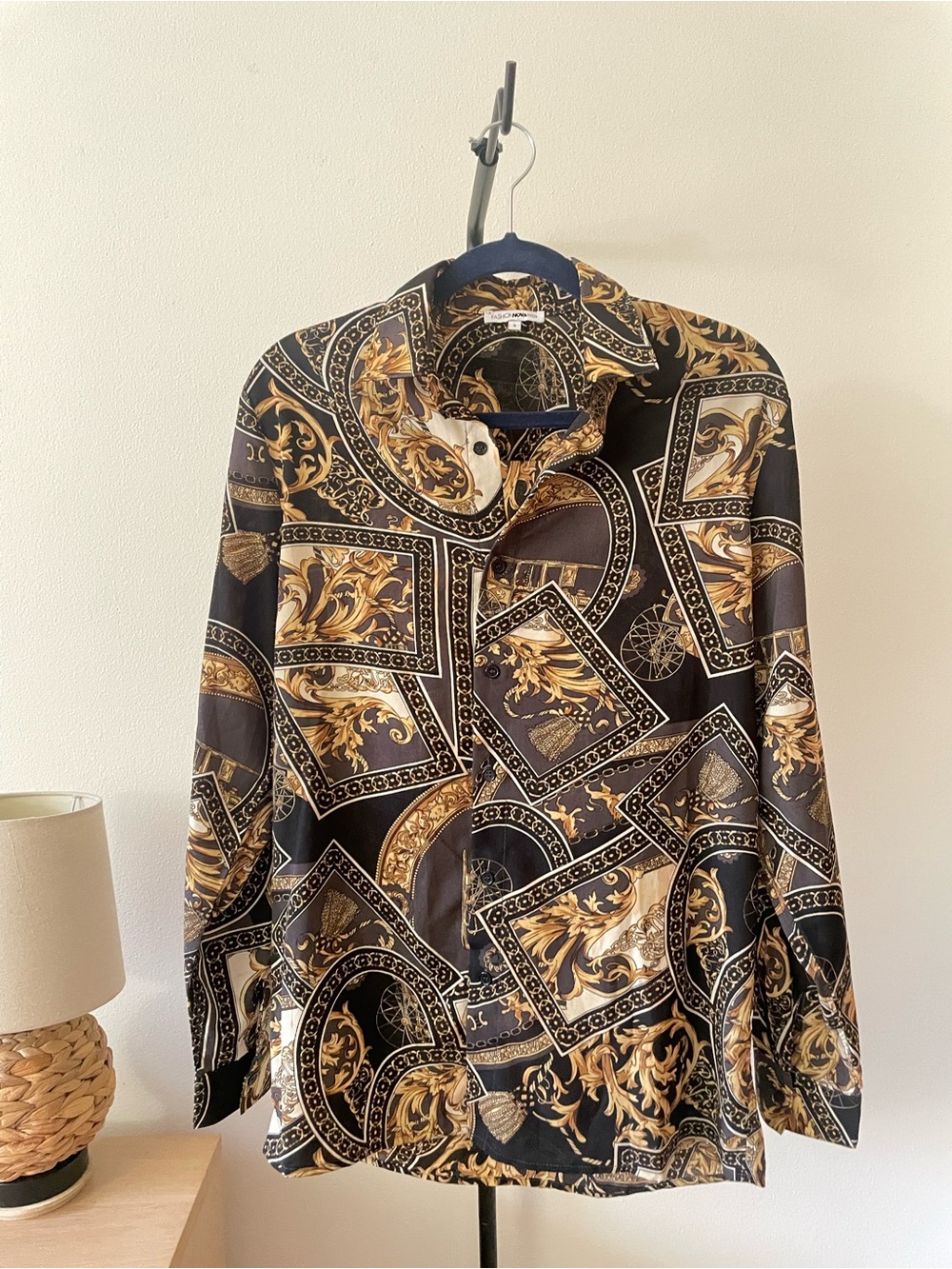 Fashion Nova Black & Gold Baroque Print Button-Down Shirt